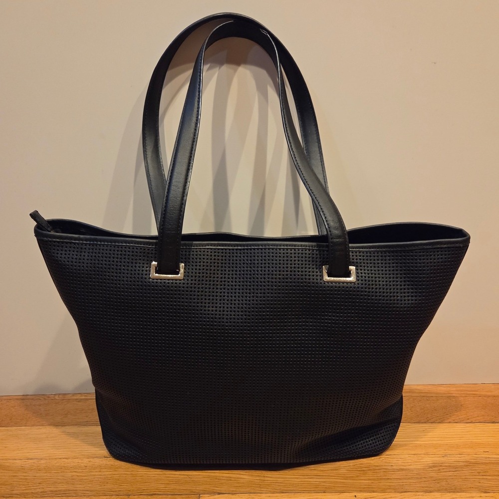 Lo & Sons Seville Black Perforated Saffiano Leather Tote Complete Shell + Inside